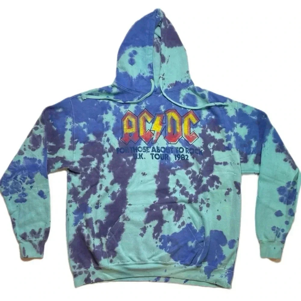 AC/DC Mens Hoodie Tie Dye Distressed 1982 UK Tour Sweatshirt Size Medium